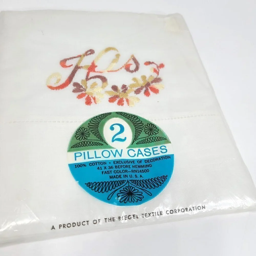 Vintage Riegel Pillow Cases Embroidered White Orange Fall Floral His & Hers USA